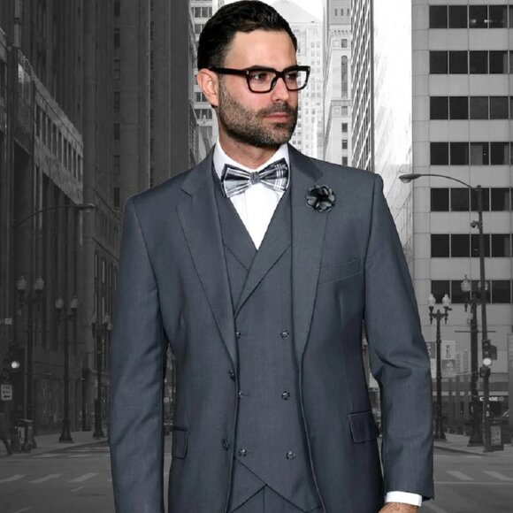Mens 2Button Classic Fit Pleated Pant Suit W DoubleBreasted Vest in CharcoalGrey - Picture 1 of 2